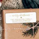 Gold White Script Heart Christmas Return Address Label<br><div class="desc">Elegant,  Modern Gold and White Script Heart Christmas Family Return Address Labels. Featuring a nice hand-lettered swash-tail font calligraphy script with saying "Merry Christmas" and a little love heart motif. Great for Christmas holiday season,  easy to personalize them with your names and return address info.</div>