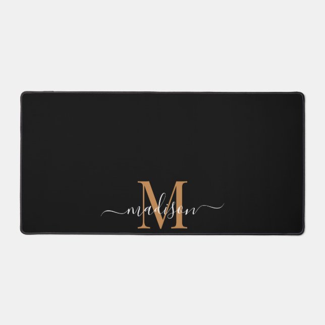 Gold White Script Monogram On Black Desk Mat (Front)