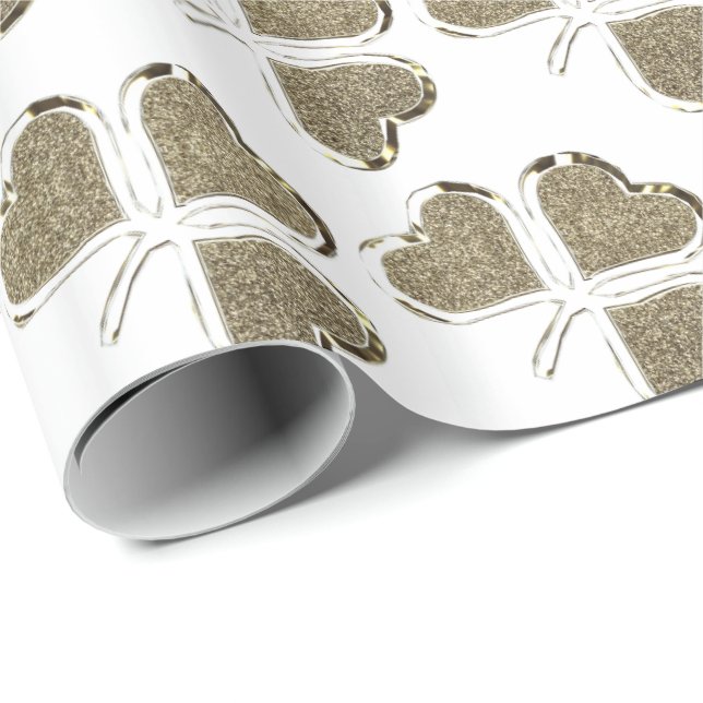 Gold White Shamrock Clover Pattern Irish Ireland Wrapping Paper (Roll Corner)