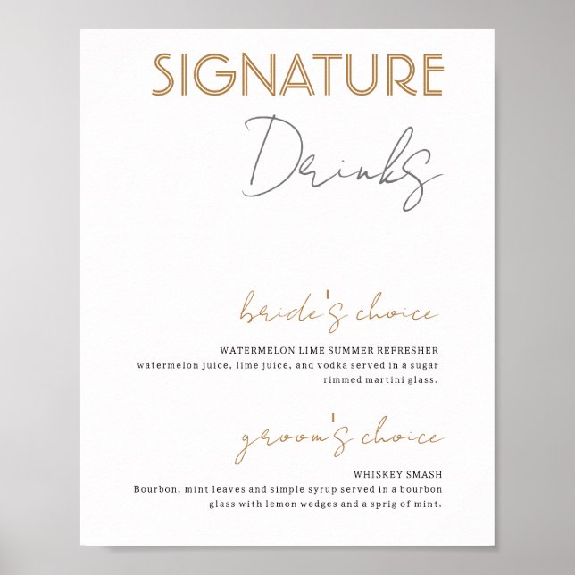 Gold & White Signature Drinks Wedding Bar Poster (Front)