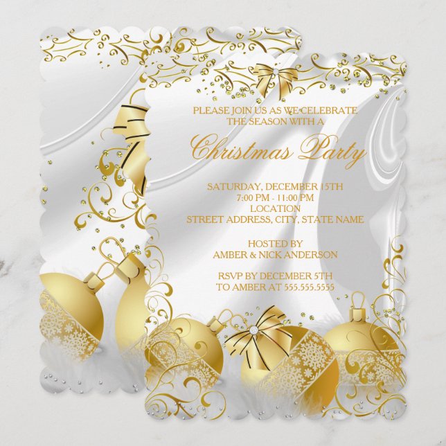 Gold White Silk Bow Bauble Christmas Party Invitation (Front/Back)
