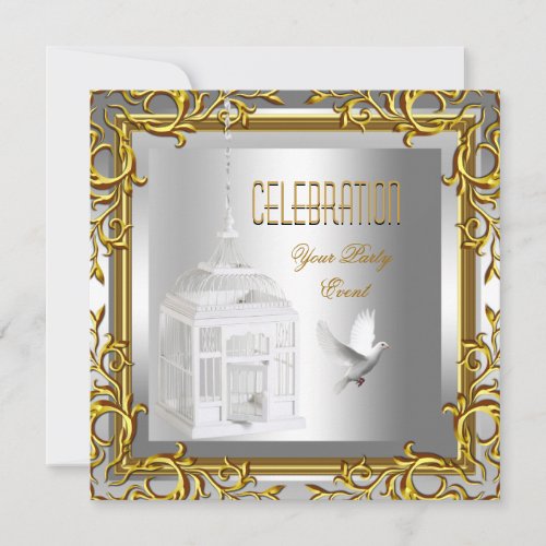 Gold White Silver Birdcage Bird Dove Freedom Invitation