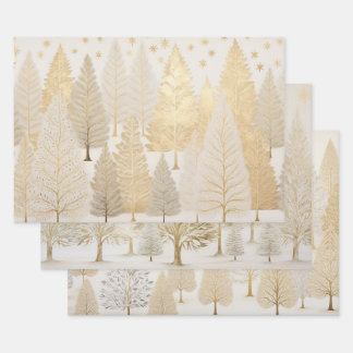 Gold White Silver Christmas Trees Wrapping Paper Sheets
