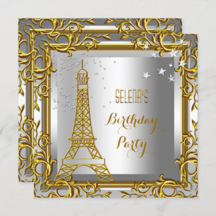 Gold White Silver Eiffel Tower Birthday Party Invitation