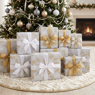 Gold White Silver Gray Elegant Botanical Christmas Wrapping Paper