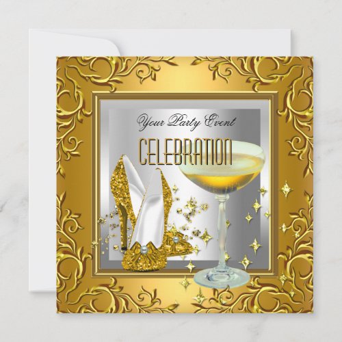 Gold White Silver High Heel Shoes Champagne Personalized Invites