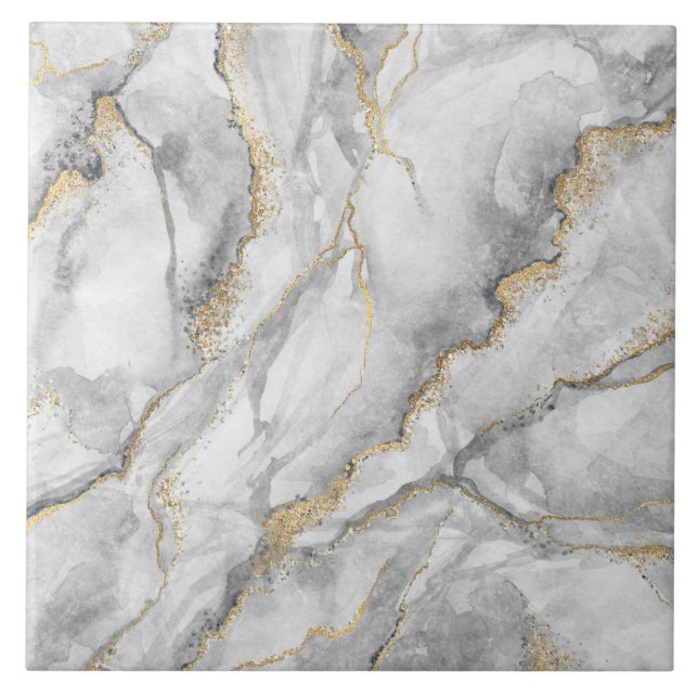 Gold White Silver Marble Pretty Ceramic Tile (Front)