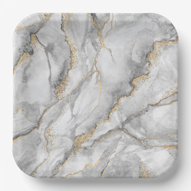 Gold White Silver Marble Pretty Paper Plates (Front)