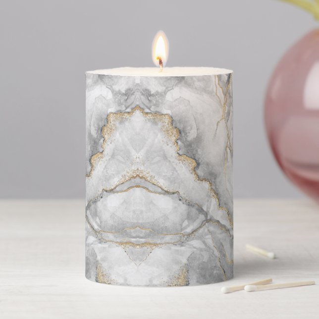 Gold White Silver Marble Pretty Pillar Candle (In Situ)