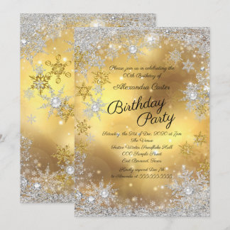 Gold White Silver Snowflake Birthday Party Invitation