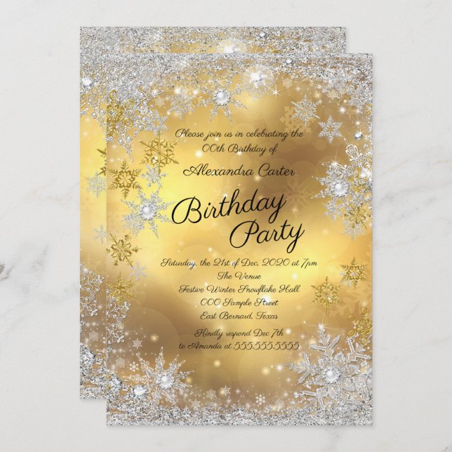Gold White Silver Snowflake Birthday Party Invitation (Front/Back)