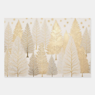 Gold White Silver Trees Christmas Wrapping Paper Sheets