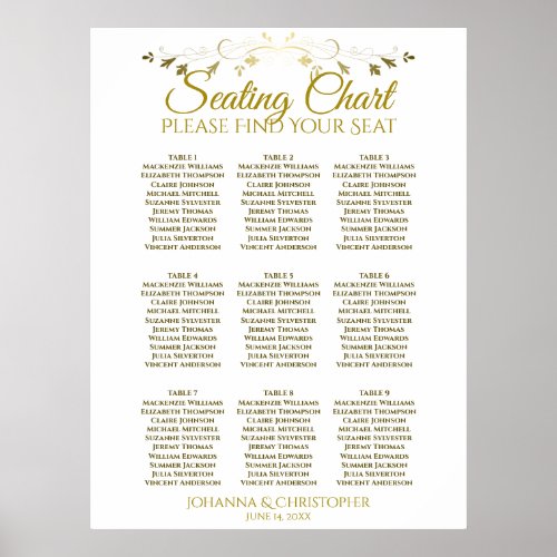 Gold  White Simple 9 Table Wedding Seating Chart