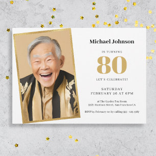 Gold White Simple Custom Photo 80th Birthday Party Invitation