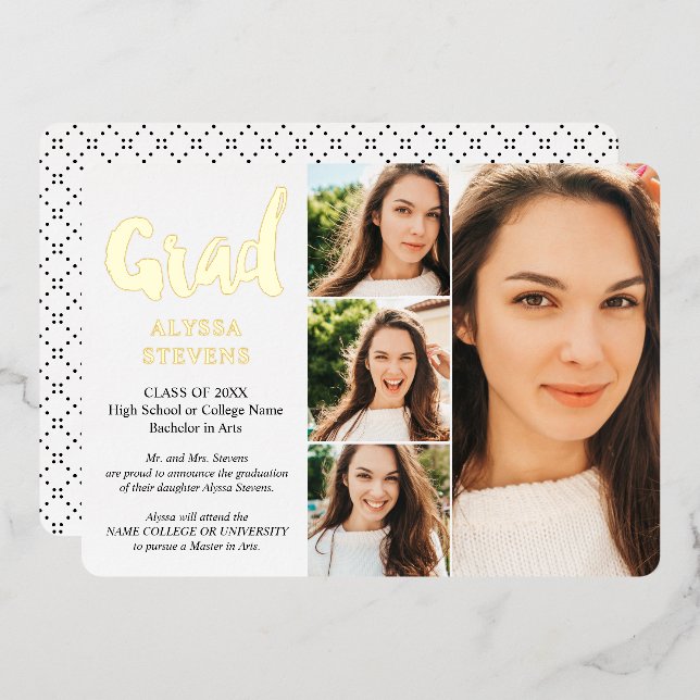 Gold white simple Grad script 4 photos graduation Foil Invitation (Front/Back)