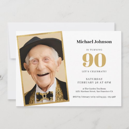 Gold White Simple Photo 90th Birthday Party Invitation