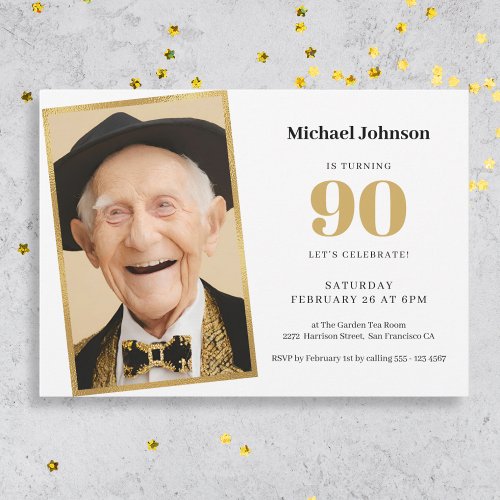 Gold White Simple Photo 90th Birthday Party Invitation