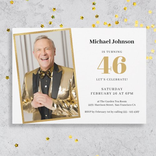 Gold White Simple Photo Any Age Birthday Party Invitation