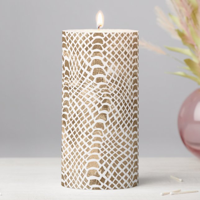 Gold White Snake Print Pillar Candle (In Situ)