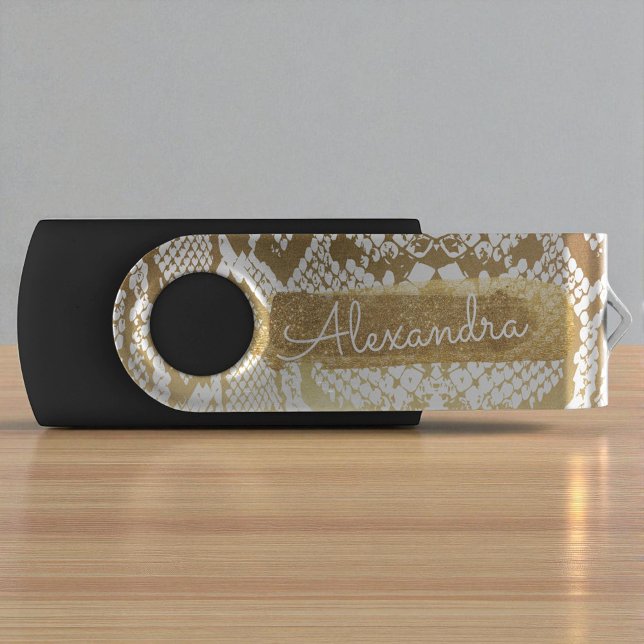 Gold & White Snake Skin Print with Gold Glitter USB Flash Drive (Creator Uploaded)