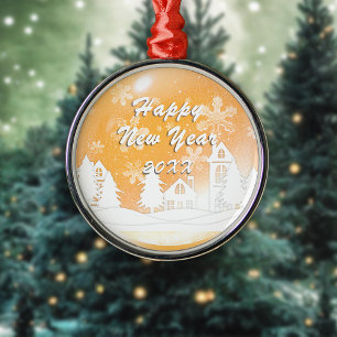 Gold White Snow House Merry Christmas Metal Ornament