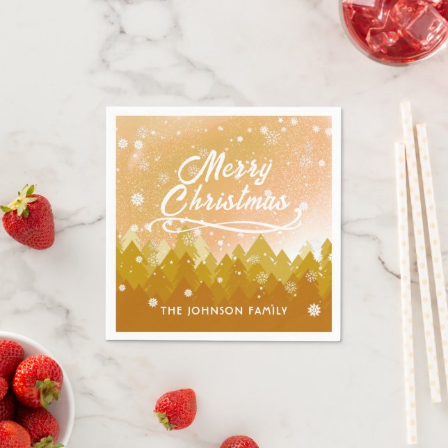 Gold White Snow Peaceful Forest Merry Christmas  Napkins (Insitu)