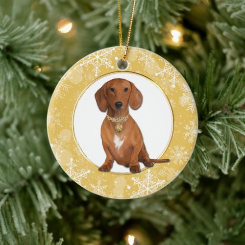 Gold White Snowflake Border Red Dachshund Ceramic Ornament