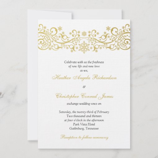 Gold White Snowflake Floral Wedding Invitation | Zazzle