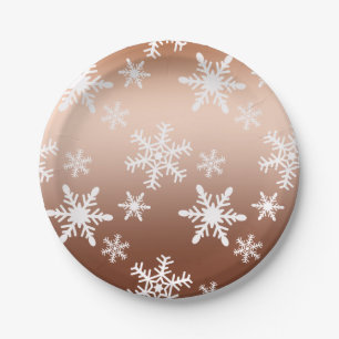 Gold White Snowflakes Christmas Paper Plates
