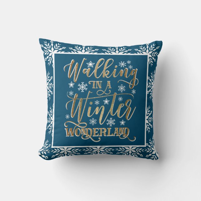 Gold White Snowflakes Navy Blue Christmas Holiday Throw Pillow (Front)
