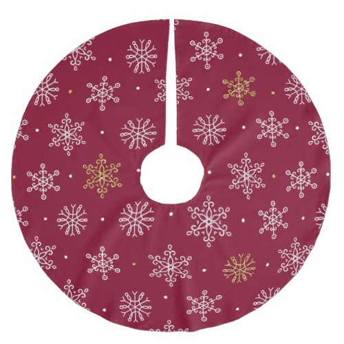 Gold White Snowflakes on Burgundy Red Christmas Brushed Polyester Tree Skirt