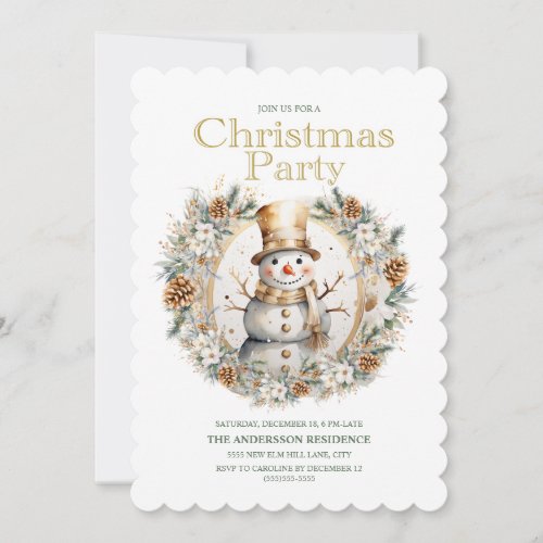 Gold White Snowman Greenery Christmas Party Invitation