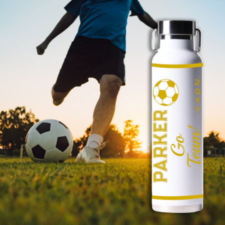 Gold White Soccer Name | Go Team Sports Water Bottle