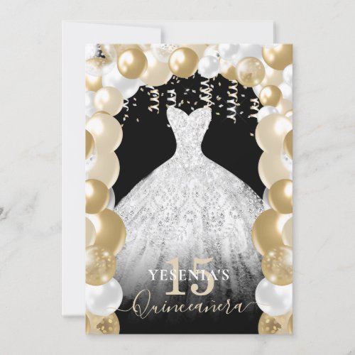 Gold White Sparkle Dress Quinceaera Balloon Invit Invitation