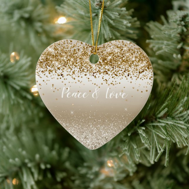 Gold White Sparkle Glitter Peace Love  Ceramic Ornament (Tree)