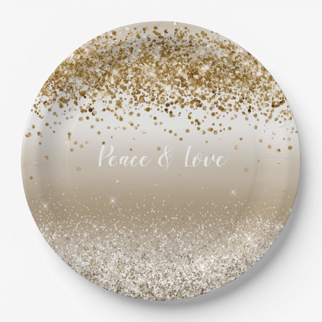 Gold White Sparkle Glitter Peace Love       Paper Plates (Front)