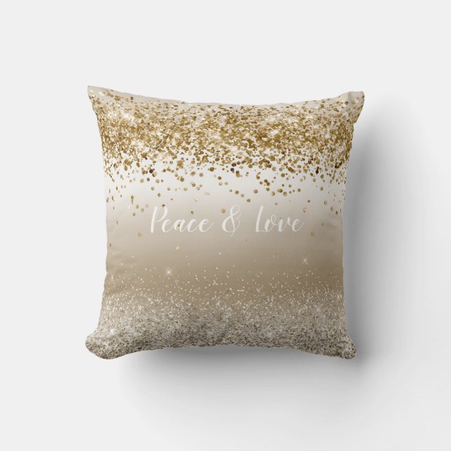 Gold White Sparkle Glitter Peace Love  Throw Pillow (Front)