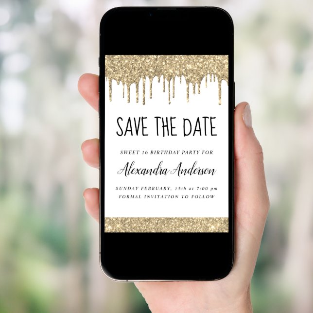 Gold White Sparkle Glitter Sweet 16 Save the Date Invitation (Front Digital)