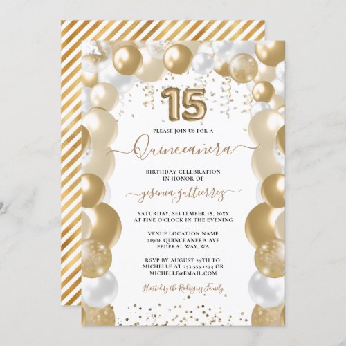 Gold White Sparkle Quinceaera Balloon Invitation