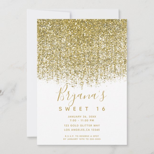 Gold & White Sparkly Glitter Sweet 16 Party  Invitation (Front)