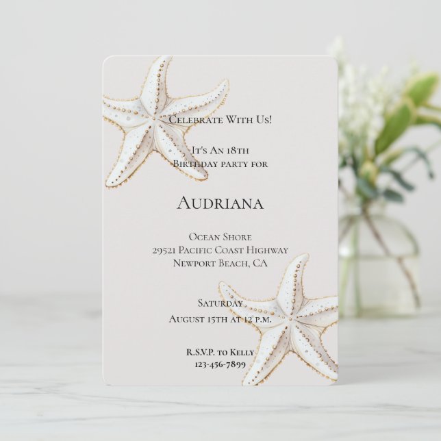Gold White Starfish Cream Birthday  Invitation (Standing Front)