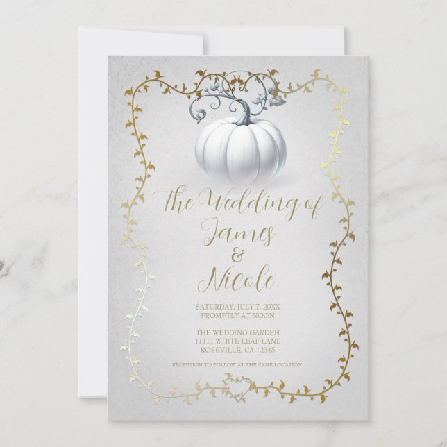 Gold & White Storybook White Pumpkin Wedding Invitation (Front)