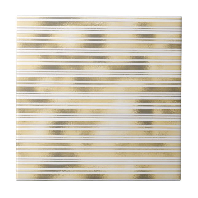 Gold white stripe geometric pattern shimmer foil ceramic tile (Front)