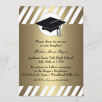 Gold White Striped Graduation Inivitation Invitation by party_depot at Zazzle