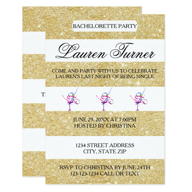 Gold & White Stripes - 3x5 Bachelorette Invitation