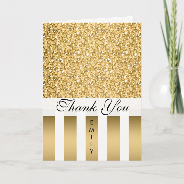 Gold White Stripes And Gold Glitter- Thank You Card (Front)