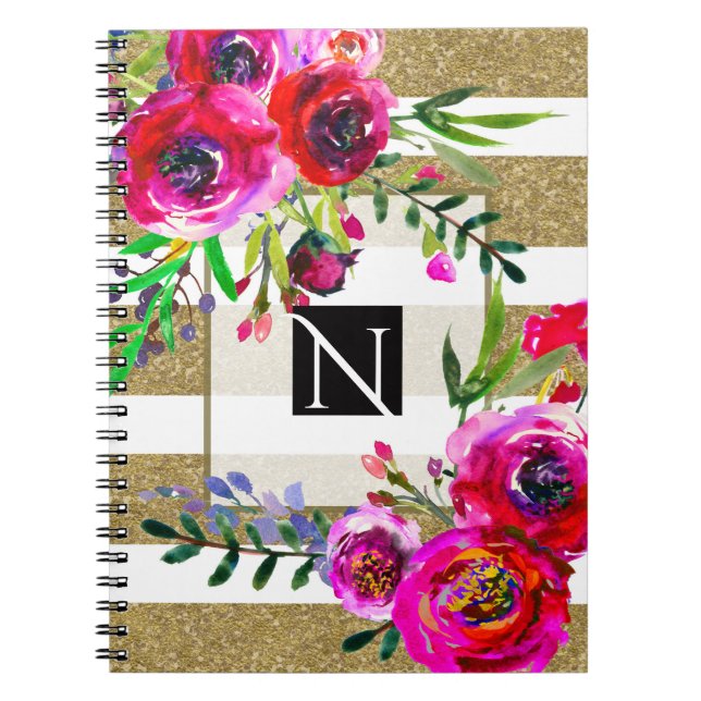 Gold White Stripes Bold Glam Floral Botanical Notebook (Front)