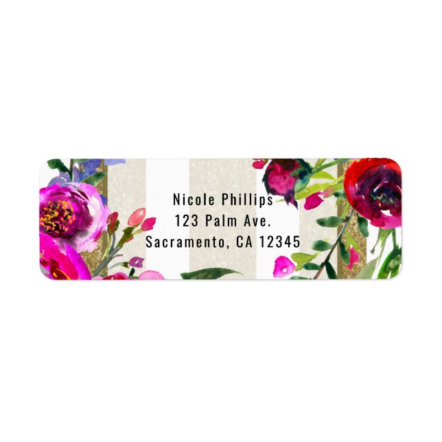 Gold White Stripes Bold Glam Floral Bridal Shower Label (Front)