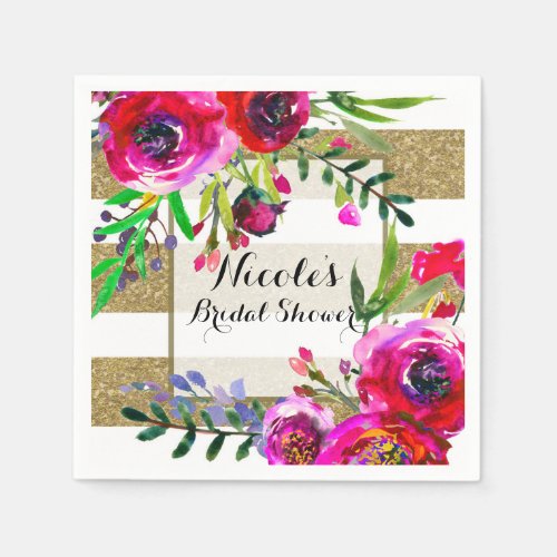 Gold White Stripes Bold Glam Floral Bridal Shower Napkins