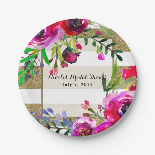 Gold White Stripes Bold Glam Floral Bridal Shower Paper Plates